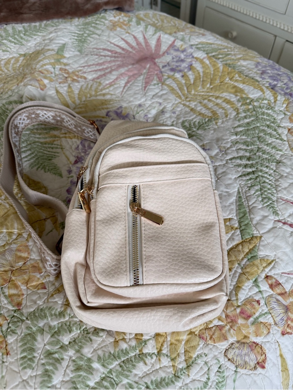 Women's Cream Crossbody Sling Bag with Gold Zippers